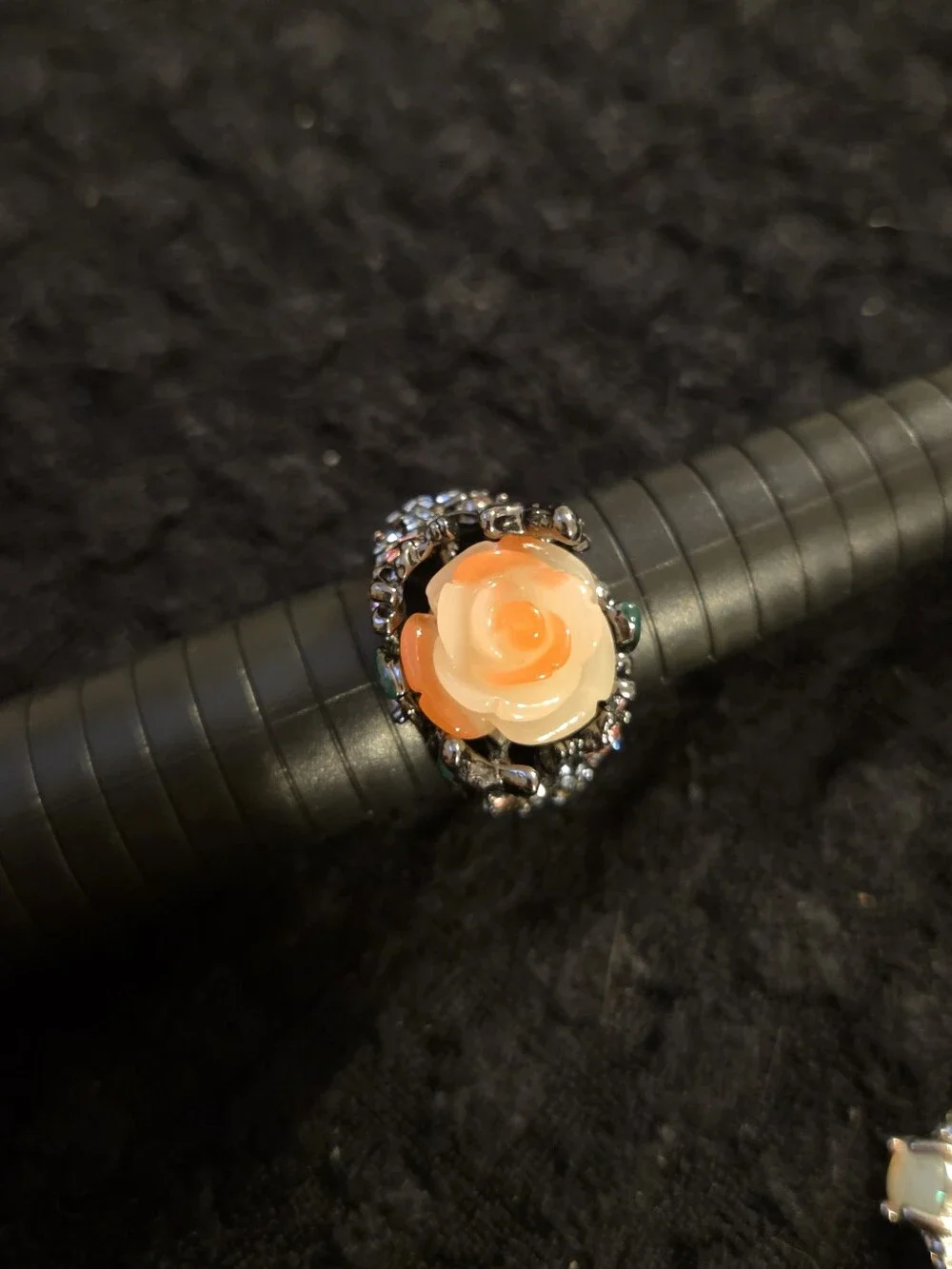 Vintage Gothic Peach Carved Rose Statement Ring Black Gunmetal Rhinestone